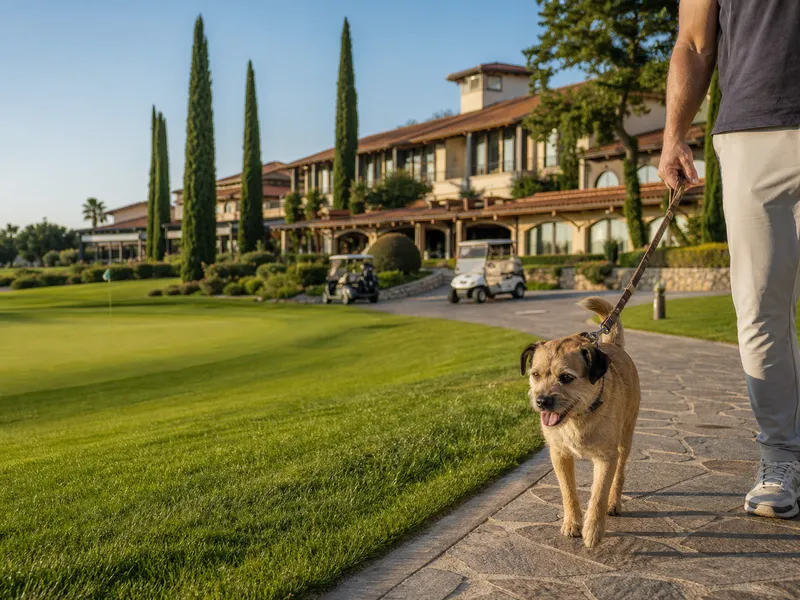 Angeleinte Hund auf einem golf resort Pfad inspiriert von Active Hotel Paradiso und Golf in der Nähe Peschiera del Garda
