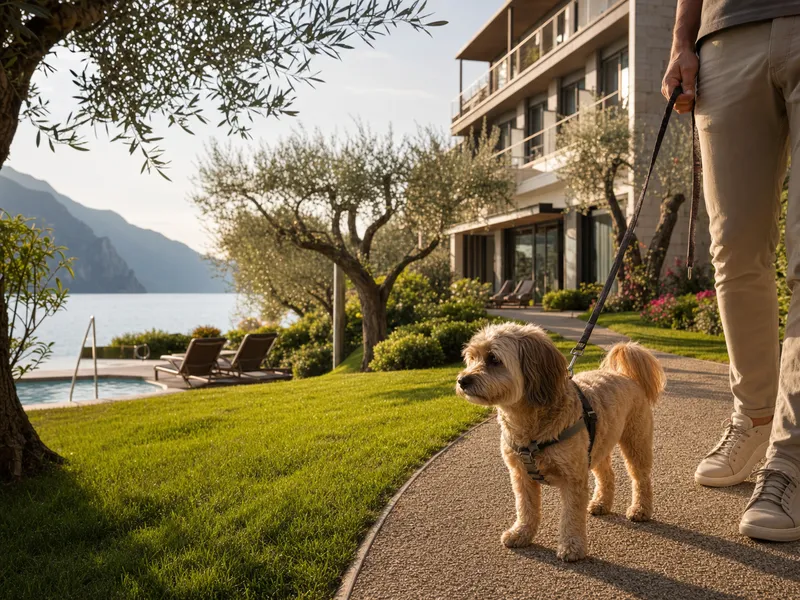 Angegliederter Hund auf einem Gartenweg am See, inspiriert vom Belfiore Park Hotel in Brenzone