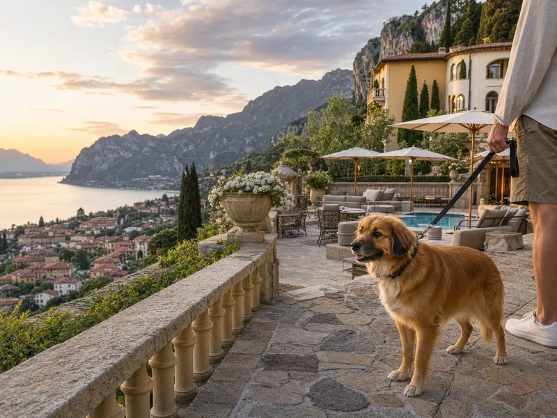 Leashed dog on a panoramic hotel terrace inspired by Garda Hotel Forte Charme near Torbole