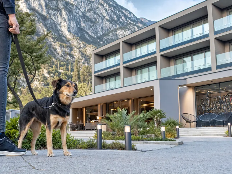 Leashed dog outside a modern sport hotel inspired by Goti Hotel in Torbole