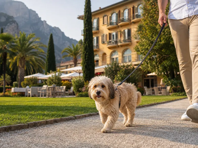 Leashed dog on a garden path inspired by Hotel Continental TonelliHotels in Nago-Torbole