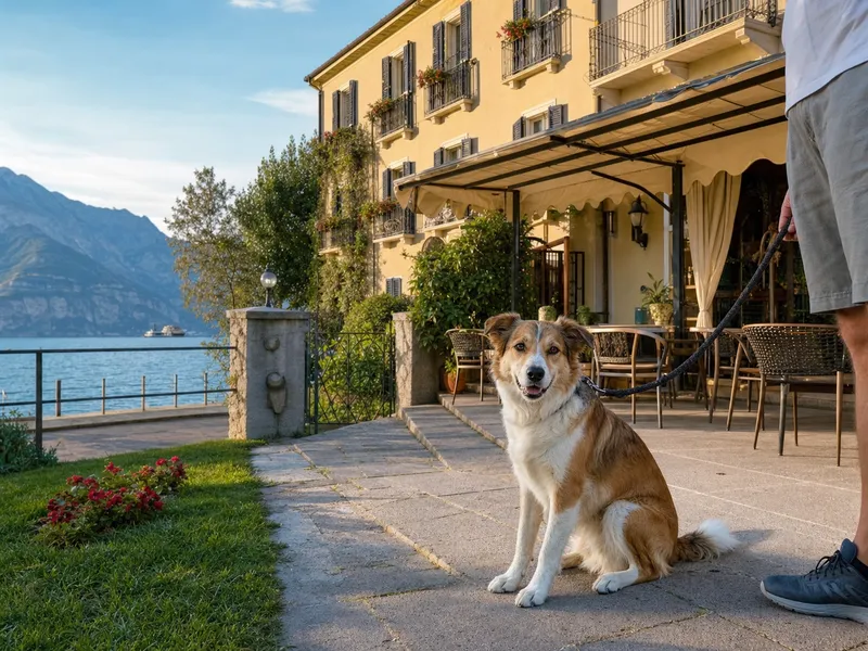 Angeleinter Hund neben einer Gartenterrasse, inspiriert vom Hotel Eden in Brenzone