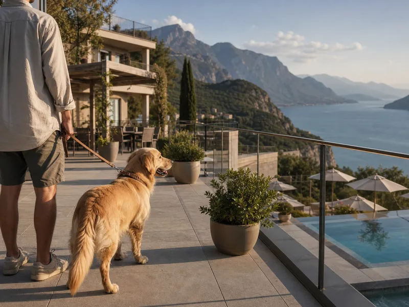 Leashed dog on a panoramic terrace inspired by Hotel Le Balze above Lake Garda