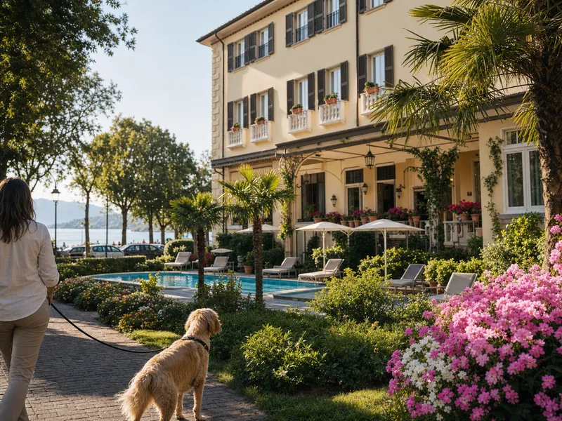 Angeleinte Hund in einen Garten-pool-Einstellung inspiriert von Hotel Maderno in Toscolano-Maderno