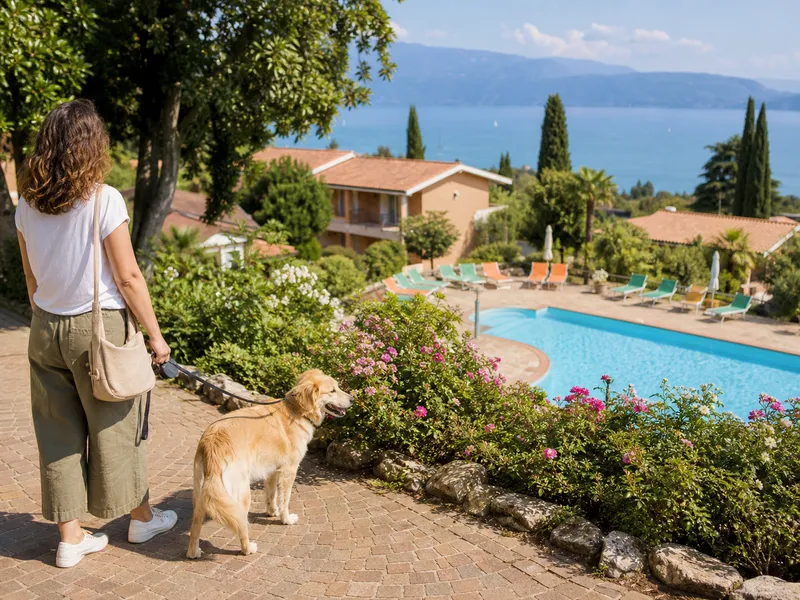 Angeleinten Hund neben einem See-view pool resort, inspiriert von Hotel Piccolo Paradiso in Toscolano Maderno