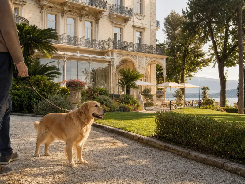 Leashed dog in the garden of a historic hotel inspired by Hotel Regina Adelaide in Garda