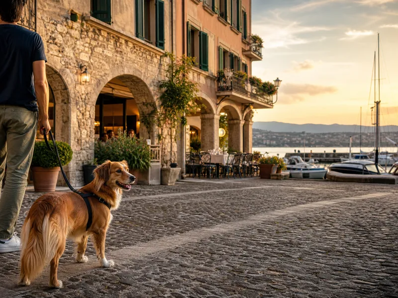 Leashed dog outside a marina-front boutique hotel inspired by Hotel Remat in Garda