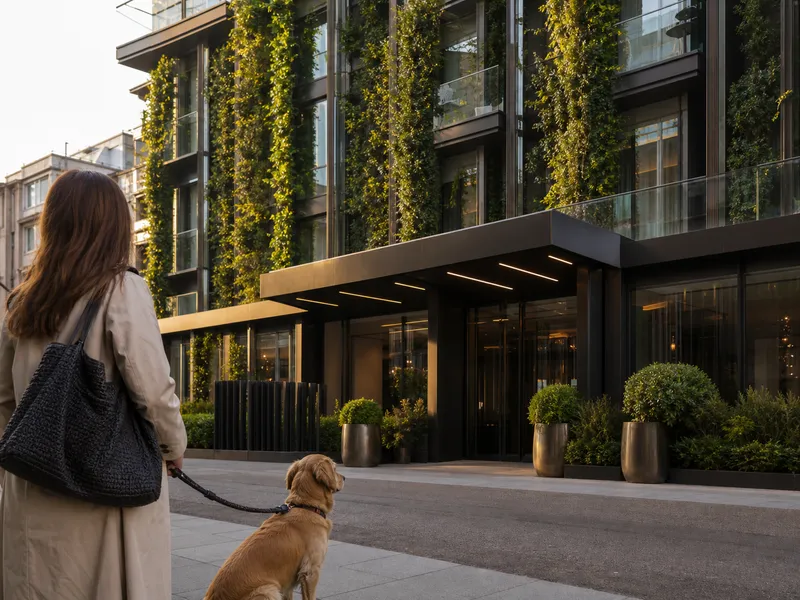 Al guinzaglio cane al di fuori di un contemporaneo verde coperto di hotel ispirato Hotel VIU Milano