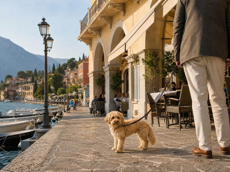 Leashed dog beside a lakeside boutique hotel terrace inspired by La Vittoria Boutique Hotel in Garda
