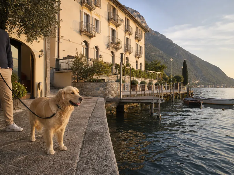 Angeപെയിന്റഡ്/Angelisierter Hund an einem Uferhotel und Steg, inspiriert vom Lake Front Hotel Brenzone