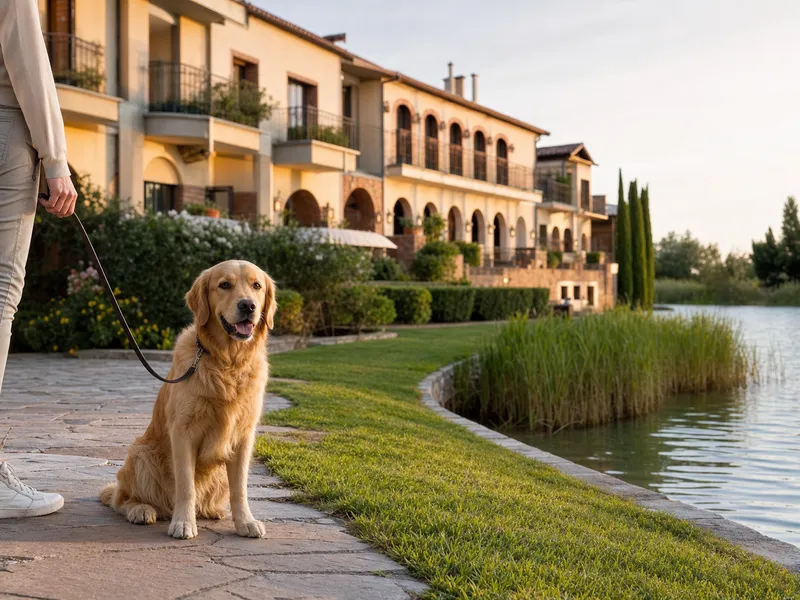 Angeleinte Hund in der Garten am See des Resorts inspiriert von Le Ali del Ash Pond in Peschiera del Garda