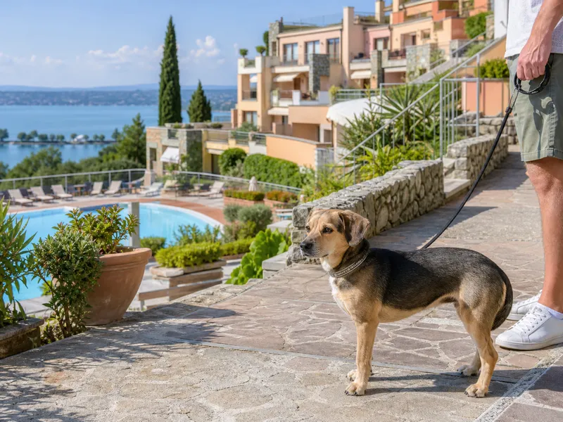 Angeleinte Hund auf einer Terrasse Pfad inspiriert von Le Terrazze sul Lago Residence und Hotel