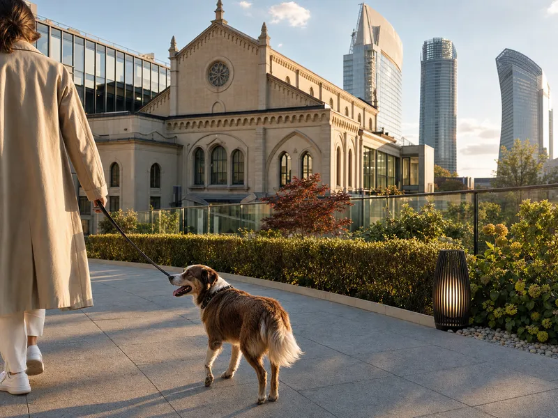 Al guinzaglio cane vicino a chiesa restaurata architettura ispirata NH Collection Milano CityLife