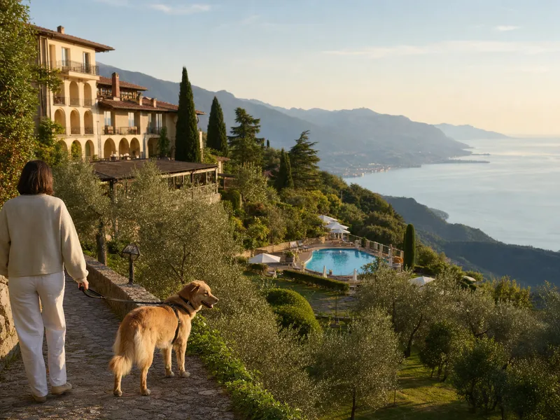 Leashed dog on a hillside garden path inspired by Park Hotel Zanzanu in Tignale