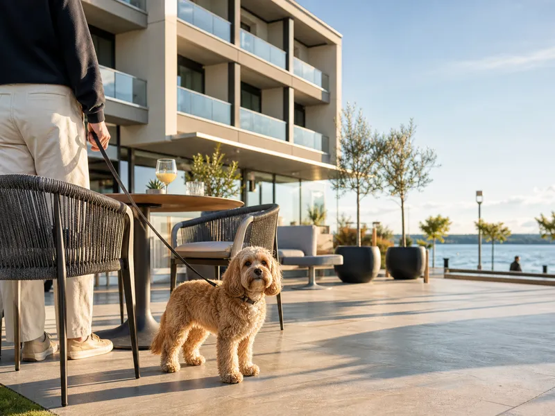 Angeleinten kleinen Hund, der auf einer modernen Terrasse am See inspiriert von Vision Hotel in Peschiera del Garda