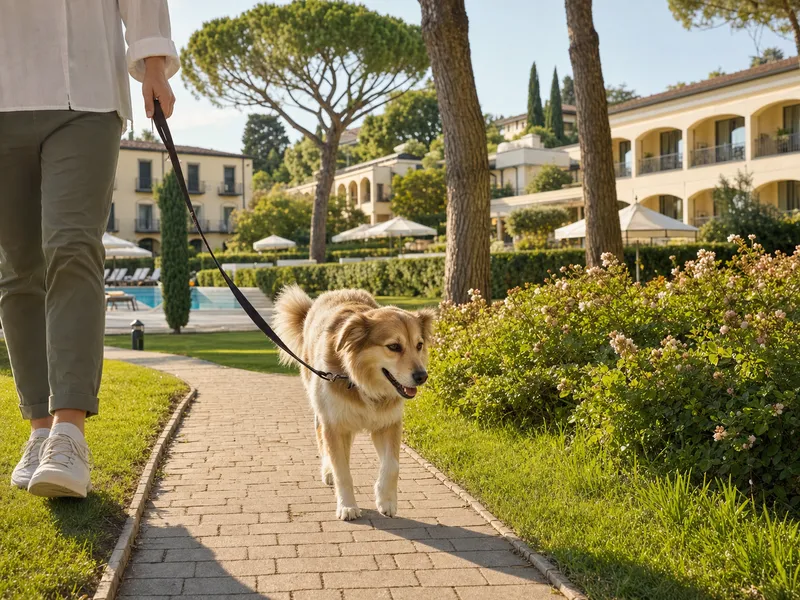 An der Leine Hund zu Fuß durch einen Garten resort inspiriert durch das West Garda Hotel in Padenghe