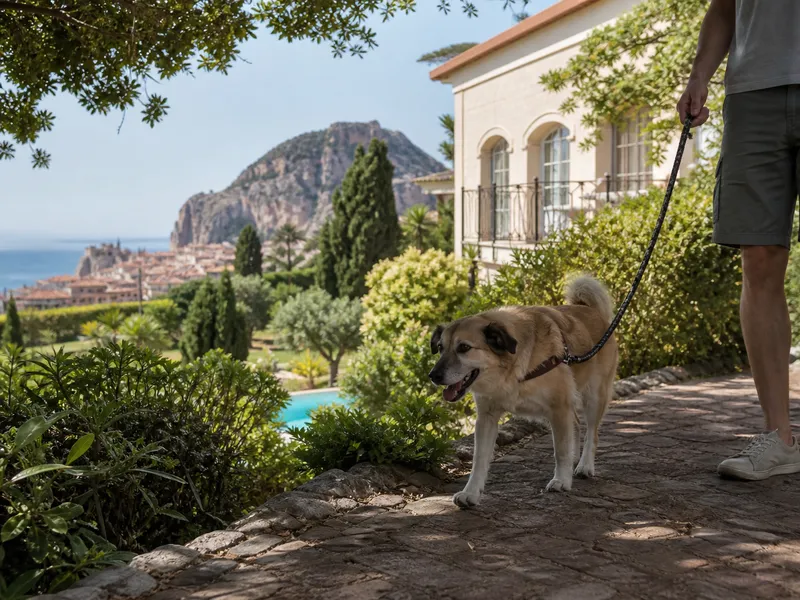 Hund an der Leine vor dem Alberi del Paradiso