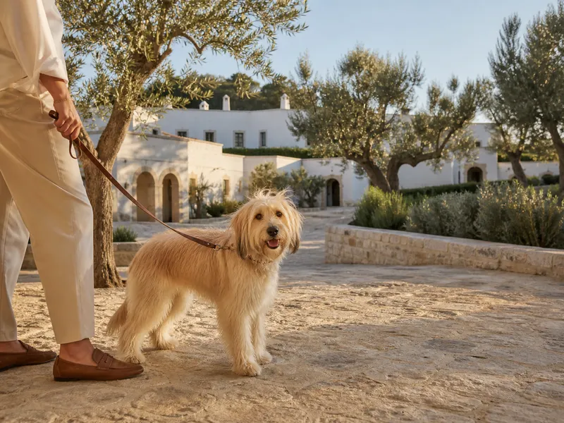 Hund an der Leine vor dem Borgobianco Resort & Spa MGallery