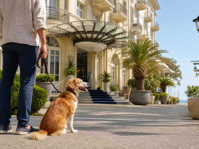 Hund an der Leine vor dem Grand Hotel Astoria