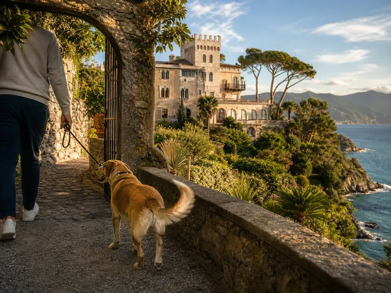 Dog on a lead on the garden path at Grand Hotel dei Castelli