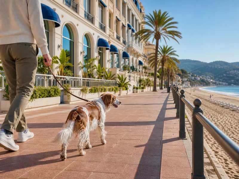 Hund an der Leine an der Strandpromenade vor dem Grand Hotel Mediterranee