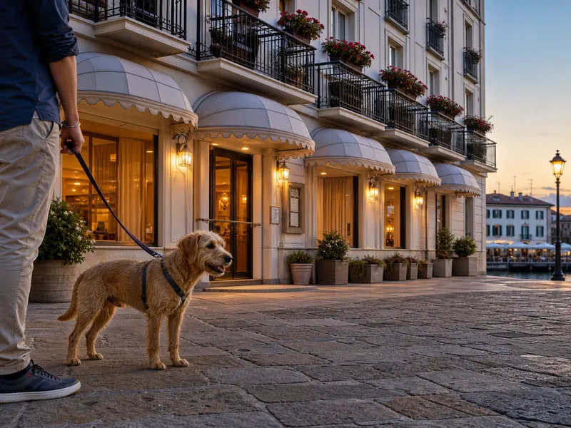 Hund an der Leine vor dem Hotel Fonzari