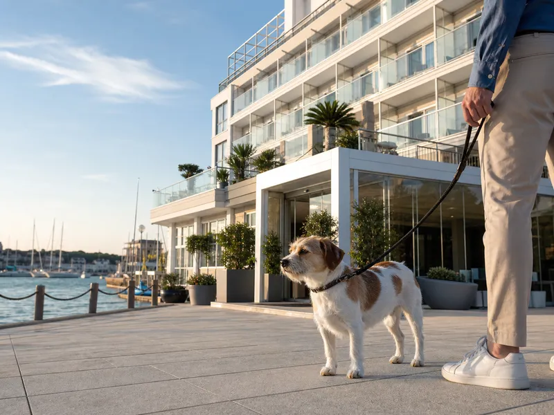Hund an der Leine vor dem Laguna Palace Hotel