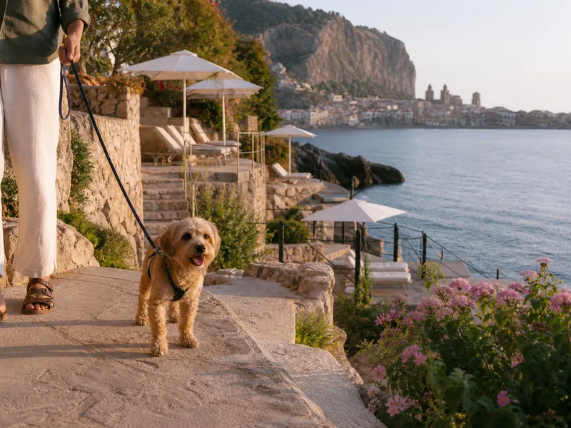 Hund an der Leine außerhalb der Le Calette Bay