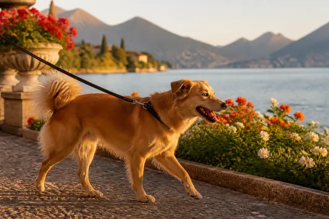 Dog on a lead on the flowered lake promenade at Évian-les-Bains with mountains beyond