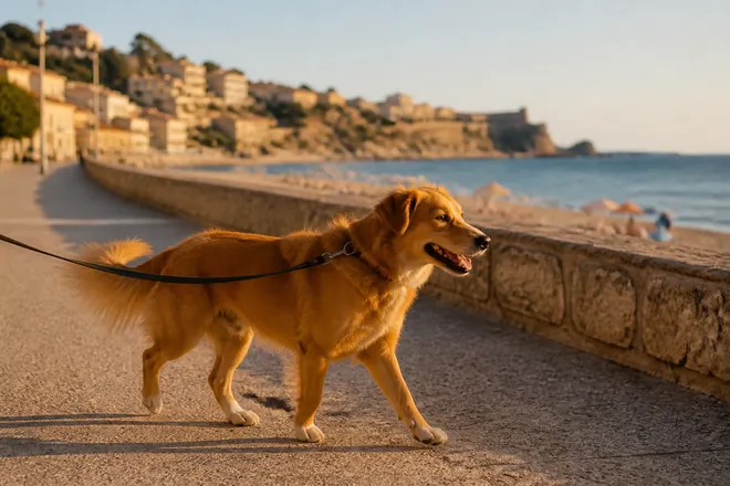 Hund an der Leine auf dem sonnigen Deich an der Strandpromenade von Grado, darunter Strandsonnenschirme.