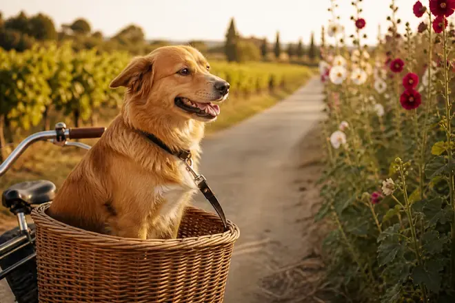 Dog on a lead in a wicker bicycle basket on Île de Ré beside vines and hollyhocks