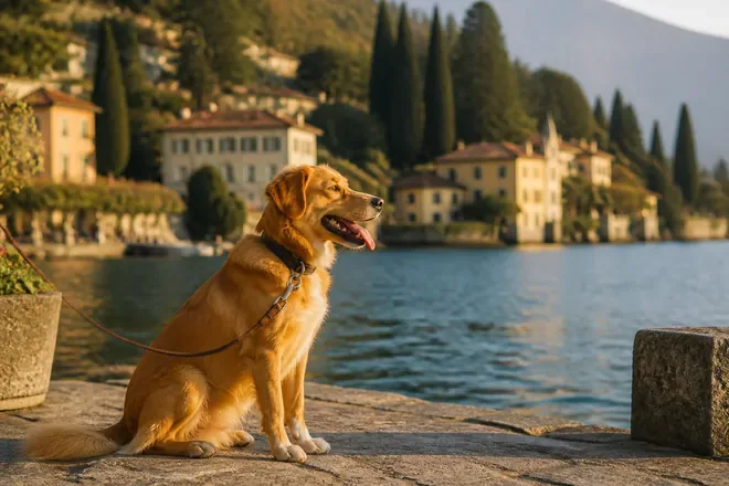 Dog on a lead on a stone jetty at Lake Como with villas and cypress trees beyond