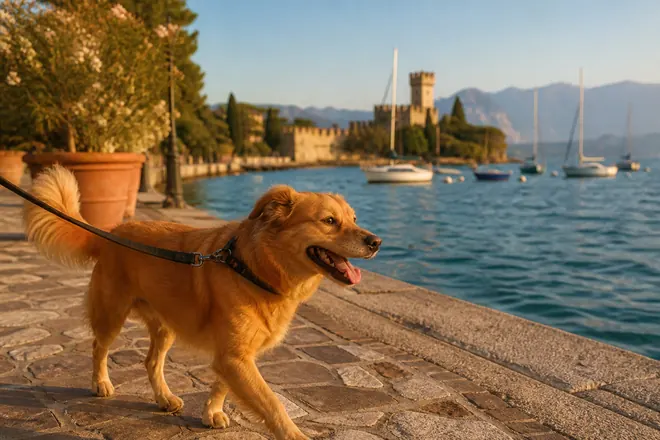 Dog on a lead on a Lake Garda promenade with sailboats and a distant castle tower
