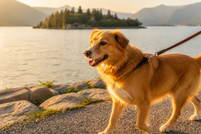 Dog on a lead on a quiet Lake Iseo path with a small green island behind