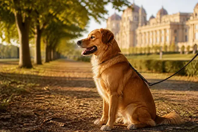 Hund an der Leine in einem grünen Mailänder Park mit historischen Gebäuden im Hintergrund