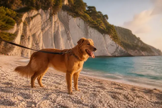 Hund an der Leine auf weißen Kieselsteinen bei Sirolo und Numana unterhalb von Kalksteinklippen