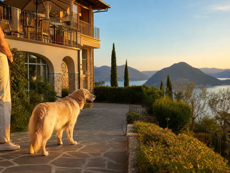 Hund an der Leine auf der Terrasse des Relais I Due Roccoli oberhalb des Iseosees