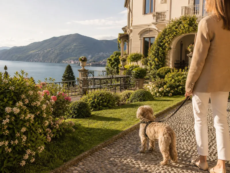 Hund an der Leune auf der Gartenterrasse des Romantik Hotel Relais Mirabella