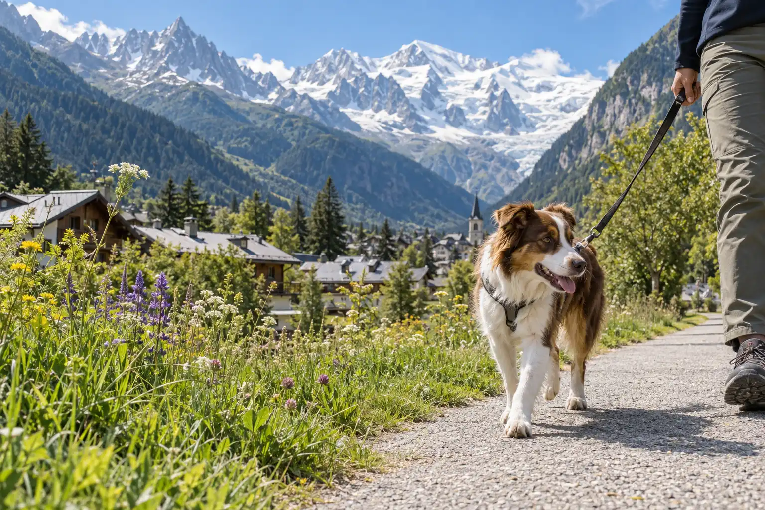 Leashed dog on a summer path in Chamonix-Mont-Blanc with chalet rooftops and the Mont Blanc massif behind