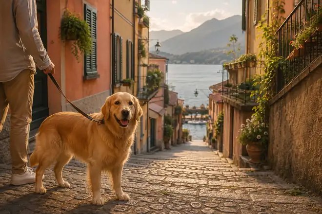 on a stepped cobbled lane between pastel houses, the lake visible at the bottom