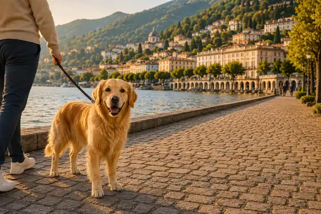 on a wide city lakefront promenade, arcaded buildings and wooded hills across the water