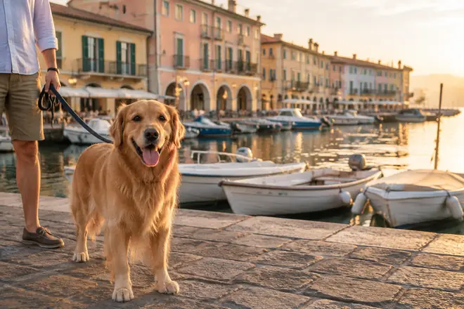 Leashed dog on an old harbour quay with pastel arcaded buildings and moored boats behind, Desenzano del Garda