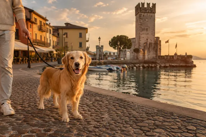 Leashed dog on a lakeside path by a small walled harbour with a medieval tower in the soft distance, Lazise