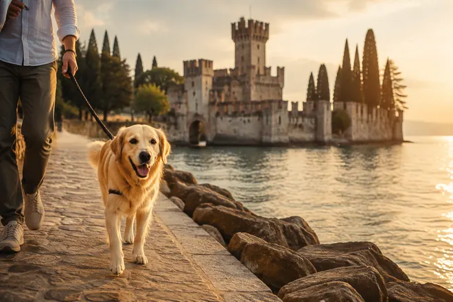 Leashed dog on a narrow peninsula promenade with a turreted castle and cypresses in the soft distance, Sirmione